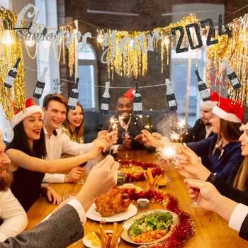 1 комплект, подвеска-баннер с новым годом, золотой, серебряный цвет, блестки, буквенный флаг и бумажная бутылка, баннер, подвесной орнамент, 2024, новогоднее украшение для дома розового золота