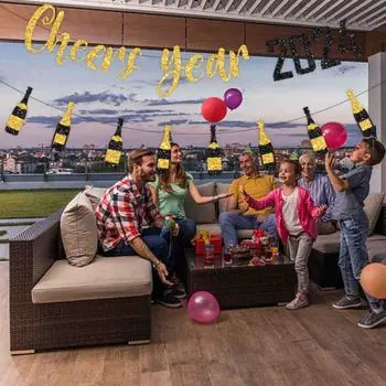 1 комплект, подвеска-баннер с новым годом, золотой, серебряный цвет, блестки, буквенный флаг и бумажная бутылка, баннер, подвесной орнамент, 2024, новогоднее украшение для дома розового золота