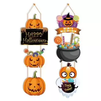 1 комплект, подвески на дверь в виде тыквы на Хэллоуин, подвесные деревянные дверные знаки, шляпа ведьмы, мультяшный дизайн, жуткое улыбающееся лицо, вечеринки, товары для домашнего декора A