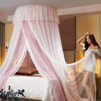 1 комплект подвесных занавесок для кровати принцессы с двойным куполом и круглым потолком, мягкая прозрачная сетка M розовый