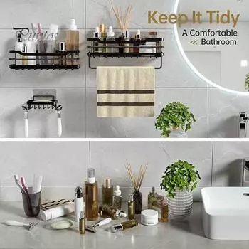 1 комплект полки для ванной комнаты из углеродистой стали с боковым крючком, дизайн с полым дном без перфорации, настенный держатель для хранения мыла, шампуня, приправы чёрный