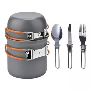 1 комплект посуды для кемпинга со складной кастрюлей, ложкой, вилкой, резаком для 1-2 человек, сверхмощный алюминиевый сплав, портативная посуда из алюминиевого сплава на открытом воздухе, для пикника, пешего туризма, рюкзака оранжевый