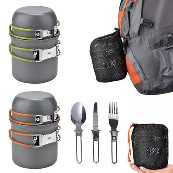 1 комплект посуды для кемпинга со складной кастрюлей, ложкой, вилкой, резаком для 1-2 человек, сверхмощный алюминиевый сплав, портативная посуда из алюминиевого сплава на открытом воздухе, для пикника, пешего туризма, рюкзака оранжевый