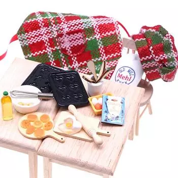 1 комплект: поварской колпак, мини-фартук, одежда, скалка, венчик для взбивания яиц, противень, противень для кукольного домика, рождественский набор для выпечки кукол