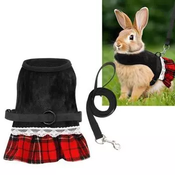 1 комплект, поводок для домашних животных, милый клетчатый узор, жилет с кроликом, платье, регулируемый нагрудный ремень и поводок в виде кролика, товары для маленьких домашних животных S чёрный