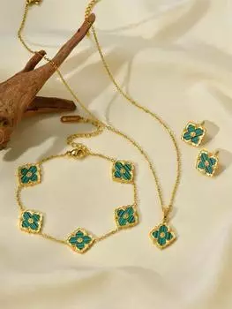 1 комплект Позолоченная 18-каратным золотом нержавеющая сталь Модный кулон в виде четырехлистного клевера Ожерелье Браслет Серьги набор, Подходит для женской повседневной носки зелёный