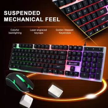 1 комплект проводной клавиатуры и мыши с цветной подсветкой, эргономичная светящаяся подвесная механическая клавиатура, набор мышей, игровая клавиатура 1000 точек на дюйм, мышь белый