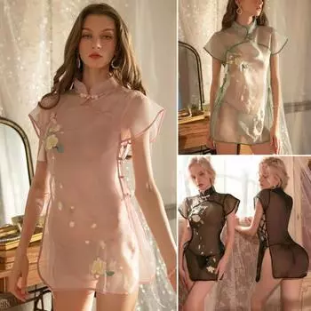 1 комплект, прозрачное Cheongsam с изысканным цветочным узором, женское сексуальное нижнее белье, ночная рубашка для пар, ко Дню святого Валентина
