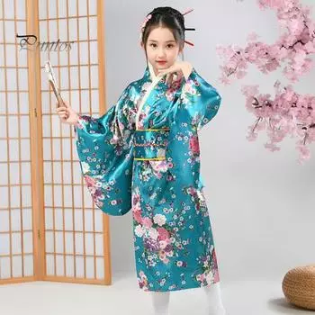 1 комплект японского кимоно с ярким принтом вишни, легко носить, косплей, школьное кимоно для выступлений для девочек 130cm синий