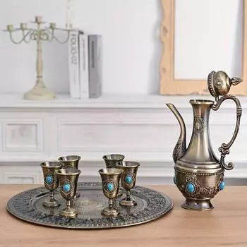 1 комплект, ретро, высококачественная металлическая чайная посуда с инкрустацией драгоценными камнями, винная посуда, набор посуды для отелей, ресторанов, реквизит для чая и вина. В комплекте 1 кастрюля 1 поднос 6 чашек Су
