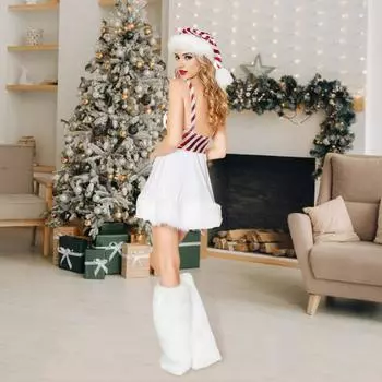 1 комплект рождественских костюмов включает платье, шляпу и чехол для ног, пушистую плюшевую отделку, снеговик, косплей, клуб, танцевальное представление, драматическое представление белый