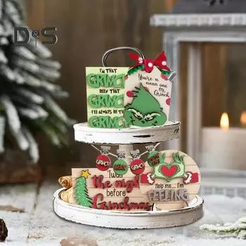 1 комплект рождественских табличек на стол, деревянная зеленая шевелюра эльфа, рождественская елка, многоярусный поднос, украшение для рабочего стола, деревенский фермерский многоярусный поднос, орнамент 1 Set
