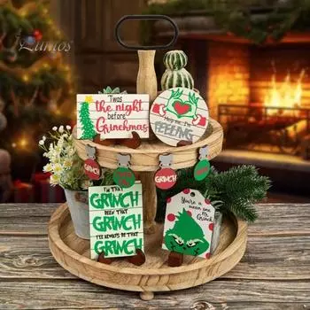 1 комплект рождественских табличек на стол, деревянная зеленая шевелюра эльфа, рождественская елка, многоярусный поднос, украшение для рабочего стола, деревенский фермерский многоярусный поднос, орнамент 1 Set