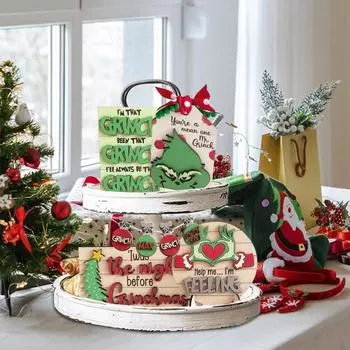 1 комплект рождественских табличек на стол из дерева с зелеными волосами эльфа, рождественская елка, многоярусный поднос