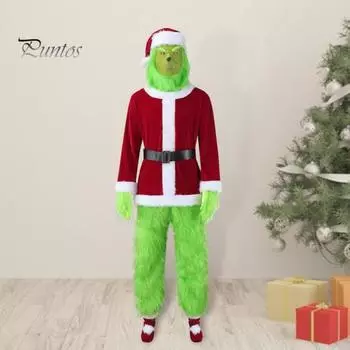 1 комплект рождественского костюма включает в себя верх, штаны, шляпу, пояс, перчатки и бахилы. Зеленый костюм Санта-Клауса из мультфильма, пушистое животное, для косплея, представления, драмы, сцены, оперы. S зелёный
