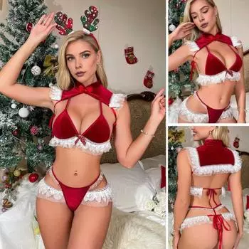 1 комплект рождественского нижнего белья с кружевным декором и повязкой на голову в виде рогов оленя и шалью