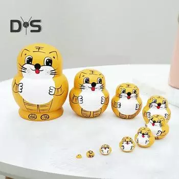 1 комплект, русская матрешка «Тигр», 10 слоев, деревянная матрешка ручной работы, игрушка-стопка в виде тигра, настольная фигурка животного, украшение Tiger