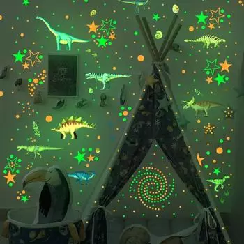 1 комплект, съемные водонепроницаемые самоклеящиеся динозавры и звезды, светящиеся наклейки на стену, украшение детской комнаты
