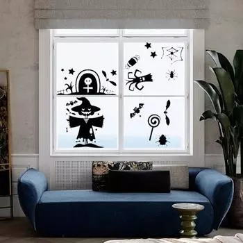 1 комплект самоклеящихся наклеек на окна на Хэллоуин с изображением летучих мышей, скелетов, жутких привидений, ведьм, прочных, многоразовых, для вечеринки E