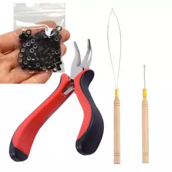 1 комплект щипцов для наращивания волос, 100 микро-звеньев/бусин + 1 игла для вытягивания + 1 микрокольцо + 1 набор инструментов для наращивания волос