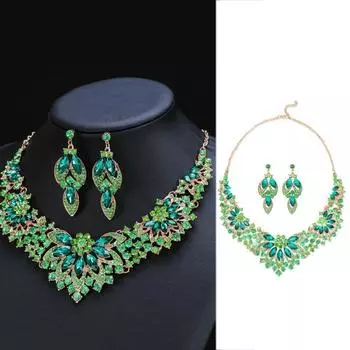1 комплект серег и ожерелья, элегантный зеленый комплект ювелирных изделий из искусственного кристалла для женщин, аксессуары для свадебной вечеринки, ослепительные серьги-гвоздики, ожерелье, подарок красный