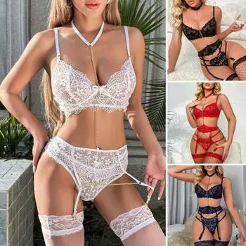1 комплект, сексуальный бюстгальтер, трусики, комплект с подвязками, прозрачный кружевной комплект с несколькими ремнями, декор в виде цепочки с высокой талией 3XL темно-синий