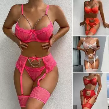 1 комплект, сексуальный бюстгальтер, трусики, комплект с поясом, прозрачная кружевная цепочка, декор с высокой талией, ажурная эластичная сетка, тонкий комплект нижнего белья для молодоженов L розы красного