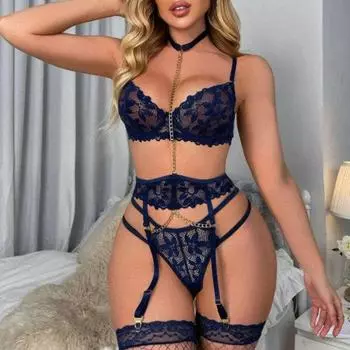 1 комплект, сексуальный бюстгальтер, трусики, комплект с подвязками, прозрачный кружевной комплект с несколькими ремнями, высокая талия, декор в виде цепочки, эластичная сетка, тонкая бретелька на шею для медового месяца L