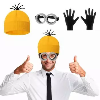 1 комплект, шапка, перчатки, очки, желтая шапочка, персонаж мультфильма, аксессуары для косплея, один размер, очки в стиле стимпанк, костюм на Хэллоуин жёлтый
