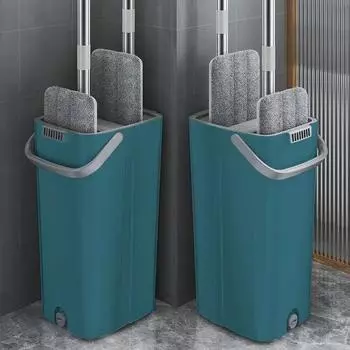 1 комплект швабр с ведром для влажной и сухой уборки, ленивая плоская швабра из микрофибры, отжимная кухонная швабра для ванной комнаты, очистка пола синий