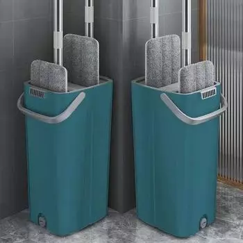 1 комплект швабр с ведром для влажной и сухой уборки, ленивая плоская швабра из микрофибры, отжимная кухонная швабра для ванной комнаты, очистка пола синий