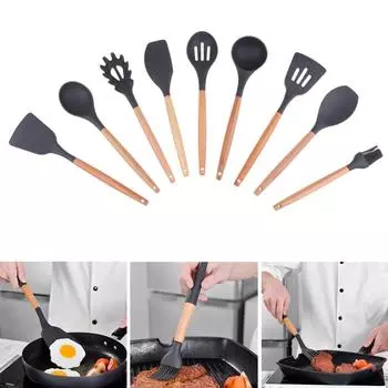 1 комплект силиконовых кухонных принадлежностей с деревянной ручкой для кемпинга, пешего туризма, альпинизма B