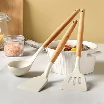 1 комплект силиконовых лопаток для кухни, кухонные принадлежности с деревянной ручкой, набор кухонных принадлежностей, кастрюля с антипригарным покрытием, деревянная ручка, силиконовый совок для кухни