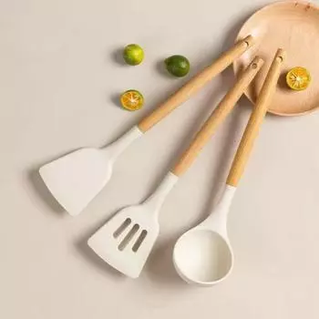 1 комплект силиконовых лопаток для кухни, кухонные принадлежности с деревянной ручкой, набор кухонных принадлежностей, кастрюля с антипригарным покрытием, деревянная ручка, силиконовый совок для кухни