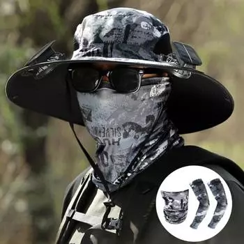 1 комплект солнечной шляпы-веера с рукавами, шейным гетром, защитой от ультрафиолета, перезаряжаемая через USB, складная мужская армия зеленый