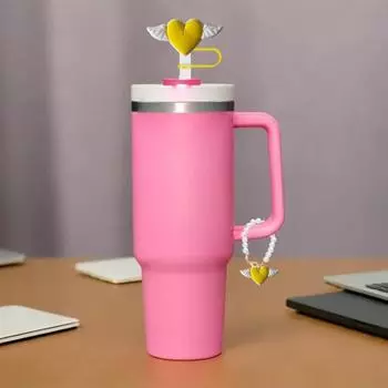 1 комплект, соломенная крышка для стакана, цепочка из искусственного жемчуга, подвеска в форме сердца с крылышками, чашка для воды, ручка для кружки, украшение, соломенный наконечник, пробка, топпер, протектор, аксессуары для стакана красный