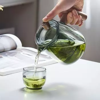 1 комплект стеклянный чайный сервиз, чайник, 530 мл/17,9 унций, чашка для чая, 90 мл/3 унции, прозрачный чайник с заварочным устройством, бытовой стеклянный, устойчивый к высоким температурам чайник, чайник для чая, подбородок Blue Gray (1 Pot + 4 Cups)