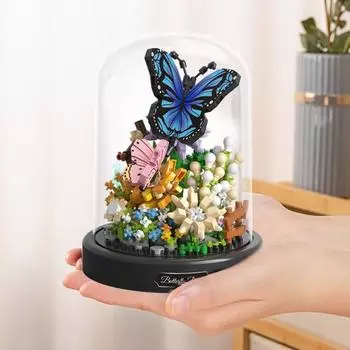 1 комплект, строительный блок, набор цветов с бабочками и стеклянным пылезащитным чехлом, букет цветов пчелы, строительный кирпич, игрушка, украшение для дома, подарок для детей и взрослых Buttefly