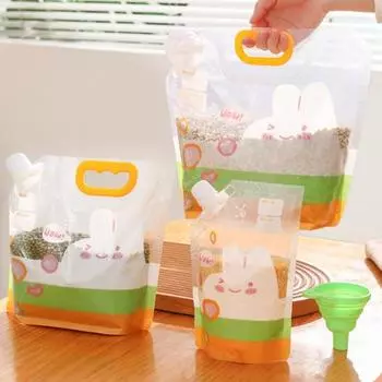 1 комплект сумки для хранения продуктов с воронкой, винтовой крышкой, ручкой, пищевого класса, прозрачной, большой вместимости, герметичной, многоразовой, влагостойкой, рисовой муки, герметичной Mixed Style