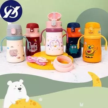 1 комплект термочашки емкостью 360 мл с ручкой и ремешком из пищевой нержавеющей стали с изолированным принтом животных красный