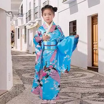 1 комплект, традиционное кимоно для девочек, пижама ярких цветов, цветочный принт павлина, легкое в ношении, удобное кимоно 120 cm королевский синий