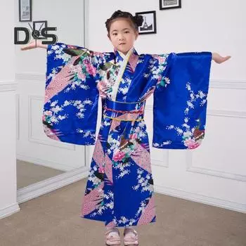 1 комплект, традиционное кимоно для девочек, пижама ярких цветов, цветочный принт павлина, легкое в ношении, удобное кимоно 110 cm небесно-голубой