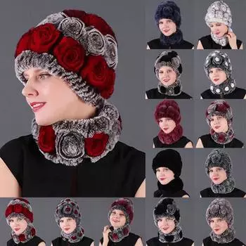 1 комплект, удобные вязаные шапки из меха кролика рекс, шарфы, шапка, шарф, теплые эластичные женские комплекты для девочек 1