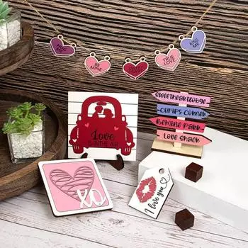 1 комплект украшений для подносов на День святого Валентина с 16 деревенскими деревянными табличками в форме сердца, романтическими украшениями для любви и тепла, подвесными украшениями для розовый