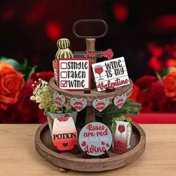 1 комплект украшений ко Дню святого Валентина, многоярусный поднос, роза, цветок, любовь, сердце, губа, бокал для вина, деревянный знак на стол, деревенский фермерский настольный многоярусный поднос, украшение 1 Set