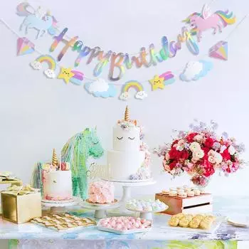1 комплект, украшения на день рождения с единорогом, баннер «С Днем Рождения», товары для вечеринок с единорогом для девочек, украшения для дня рождения