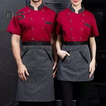 1 комплект, унисекс, рубашка шеф-повара, фартук, кухонный двубортный, с коротким рукавом, воротник-стойка, мягкий, дышащий, устойчивый к пятнам, свободная кухня, пекарня, ресторан 4XL чёрный
