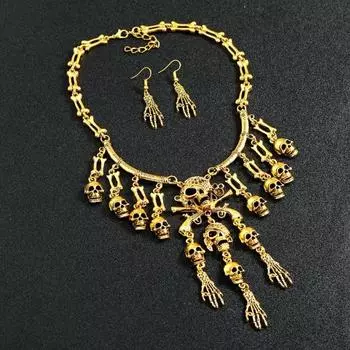 1 комплект ювелирных изделий на Хэллоуин, череп, скелет, преувеличенный стиль, регулируемая длина, ретро-сплав, Хэллоуин, вечеринка, висячие серьги, комплект ожерелья античный серебряного
