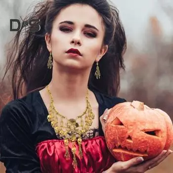 1 комплект ювелирных изделий на Хэллоуин, череп, скелет, преувеличенный стиль, регулируемая длина, ретро-сплав, Хэллоуин, вечеринка, висячие серьги, комплект ожерелья античная золотой