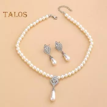 1 комплект ювелирных изделий, серьги из искусственного жемчуга, ожерелье, регулируемая длина, декор со стразами, полированные украшения для выпускного вечера, свадьбы, вечеринки, невесты, украшения серебро белый